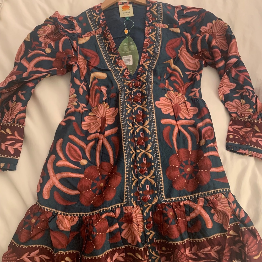 Teal Seashell Tapestry Lenzing Ecovero Mini Dress by Farm Rio